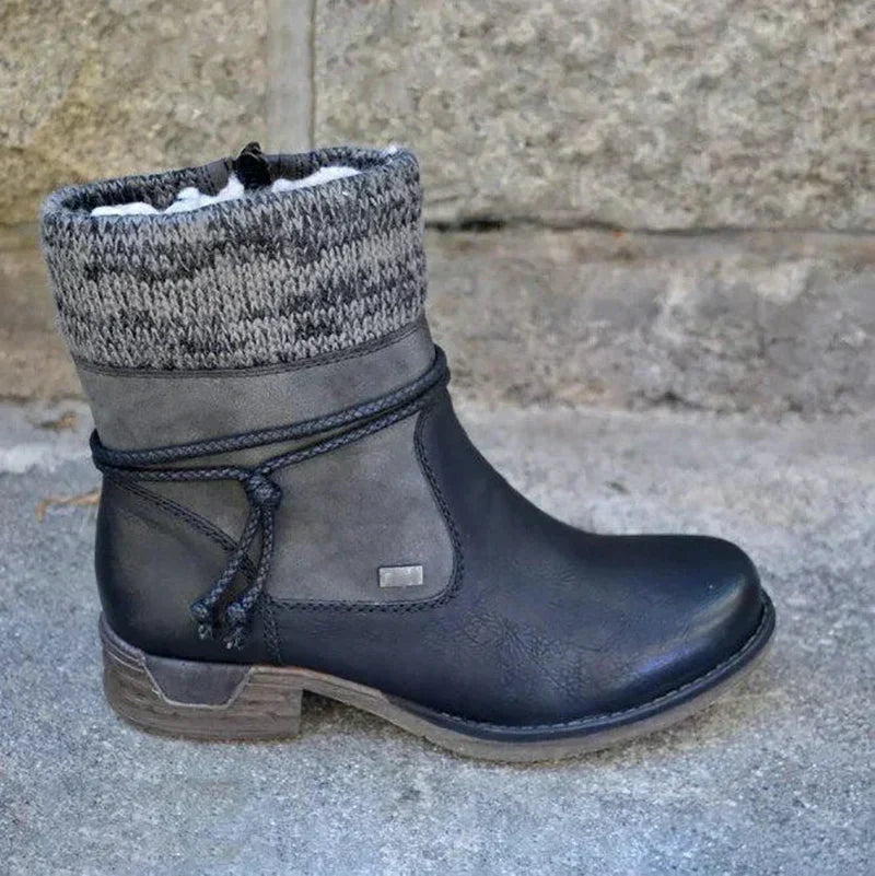 Ladies' Stylish Ankle Boots with Knitted Cuff and Block Heel