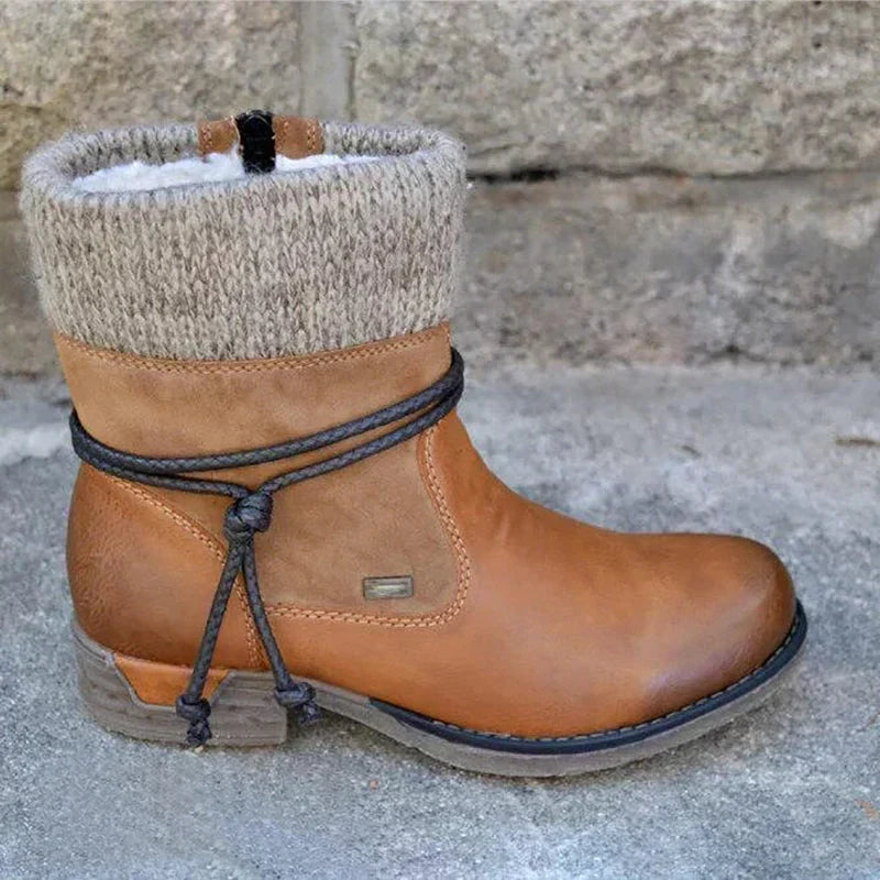 Ladies' Stylish Ankle Boots with Knitted Cuff and Block Heel