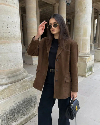 Blazer elegante de ante sintético para mujer con solapas de muesca y bolsillos con solapa