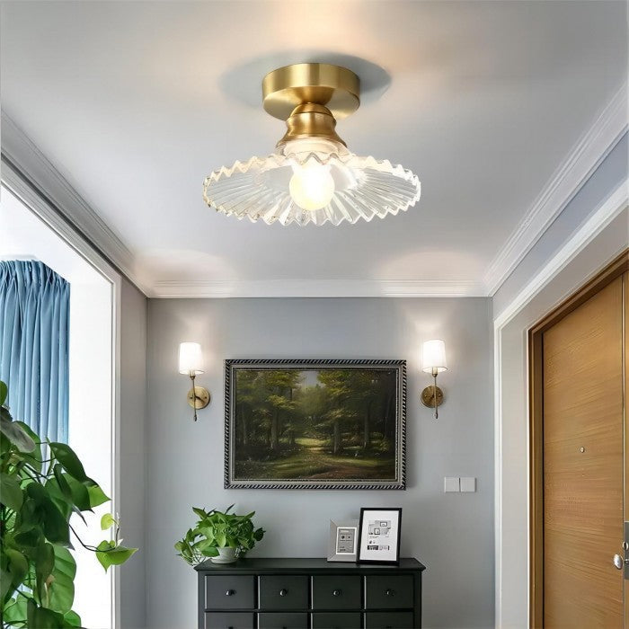 Vintage plafondlamp met geribbeld glas