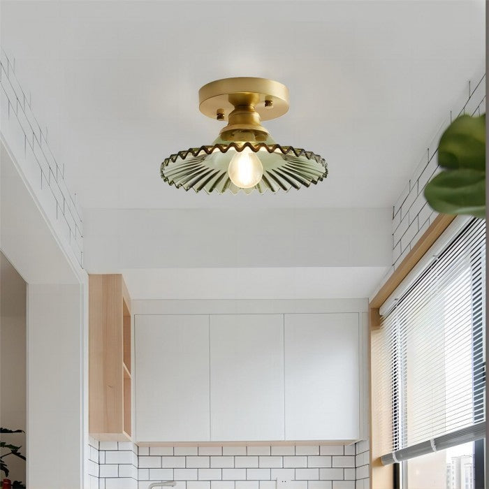 Vintage plafondlamp met geribbeld glas