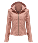 Leather Ladies Jacket with Removable Hood and Zipper