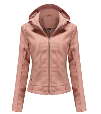 Leather Ladies Jacket with Removable Hood and Zipper