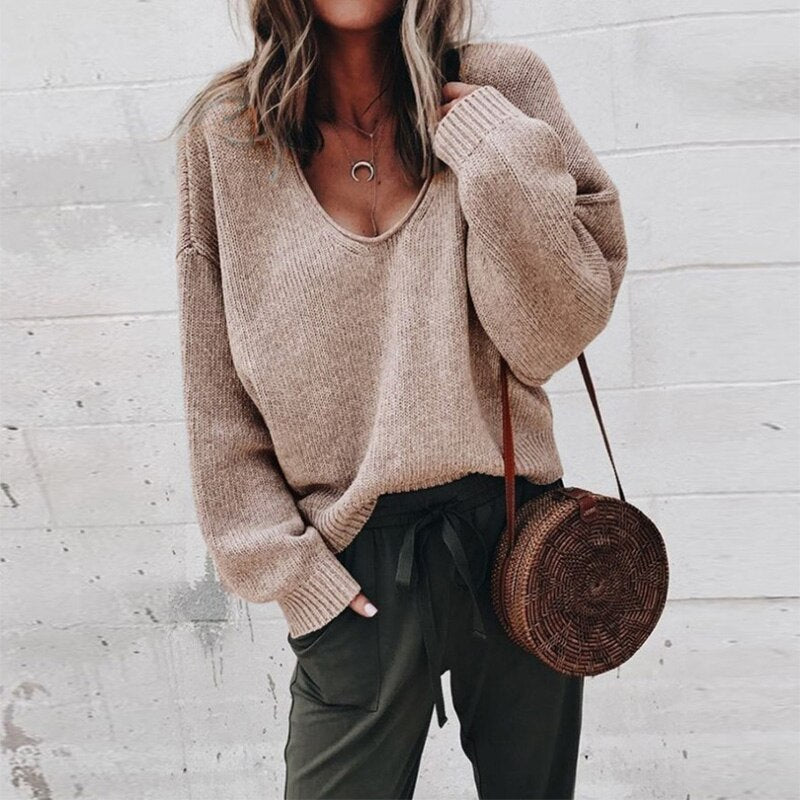 Oversized Women's Jumper with Deep V-Neck