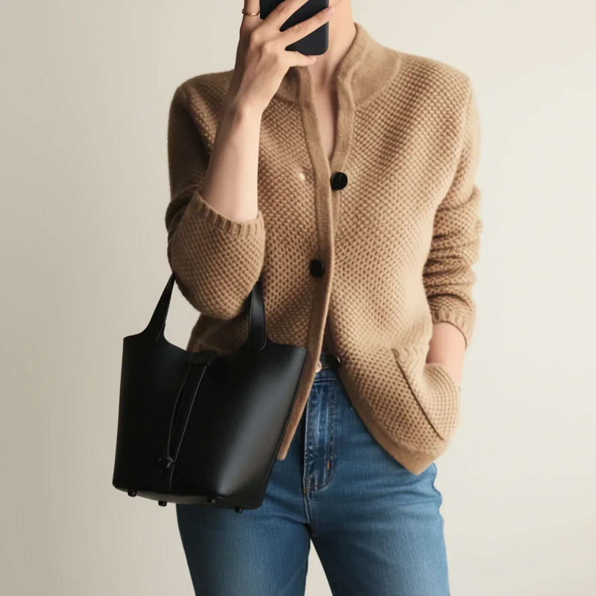 Ladies' Cozy Knitted Cardigan with Stand-Up Collar and Pockets