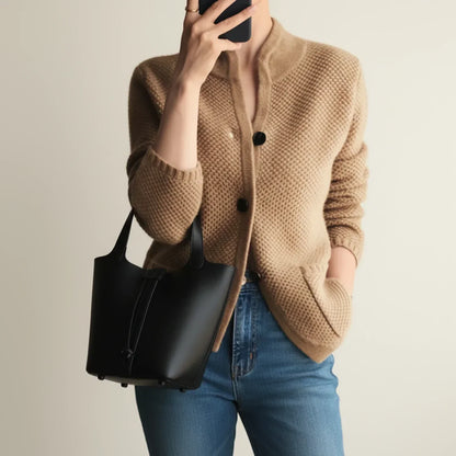 Ladies' Cozy Knitted Cardigan with Stand-Up Collar and Pockets