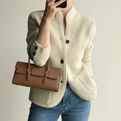 Ladies' Cozy Knitted Cardigan with Stand-Up Collar and Pockets