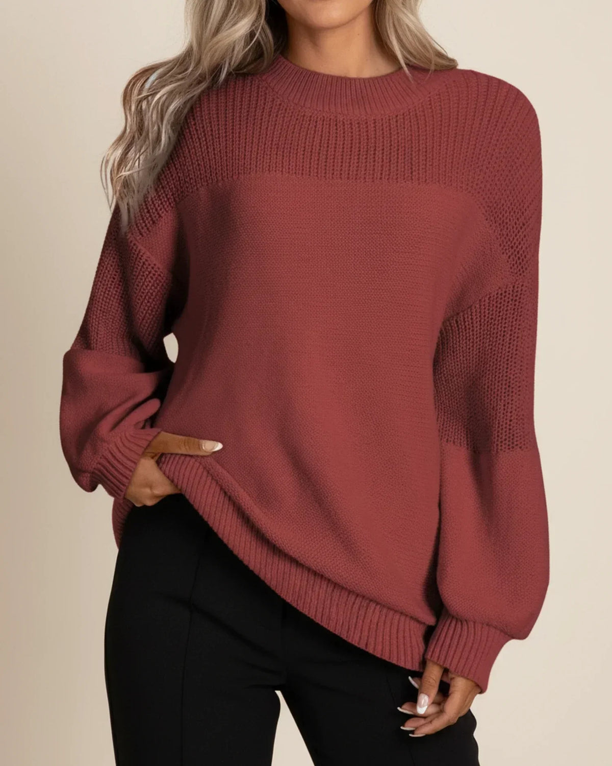 Ladies Casual Oversized Sweater with Balloon Sleeves and Ribbed Cuffs