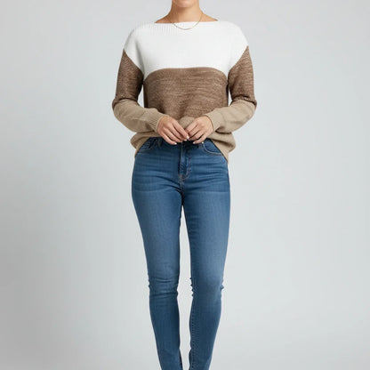 Camisola de malha requintada para senhora, com decote barco e blocos de cor