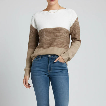 Camisola de malha requintada para senhora, com decote barco e blocos de cor