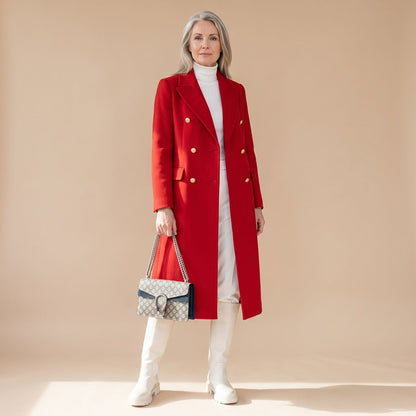 Ladies Elegant Double-Breasted Coat with Notched Collar and Pockets