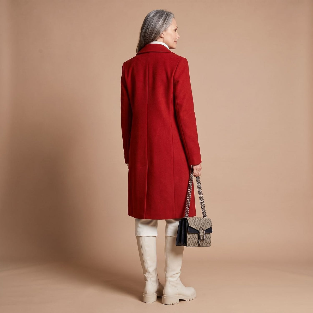 Ladies Elegant Double-Breasted Coat with Notched Collar and Pockets
