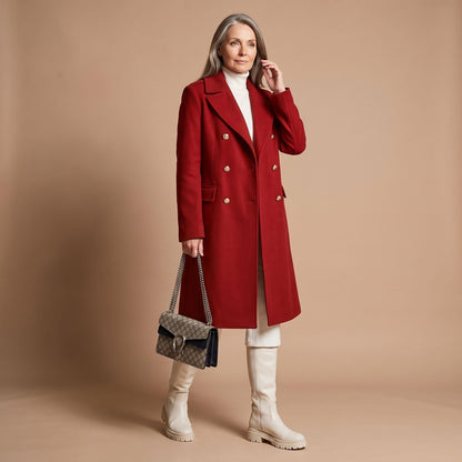 Ladies Elegant Double-Breasted Coat with Notched Collar and Pockets