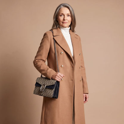 Ladies Elegant Double-Breasted Coat with Notched Collar and Pockets