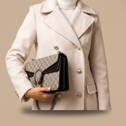 Ladies Elegant Double-Breasted Coat with Notched Collar and Pockets