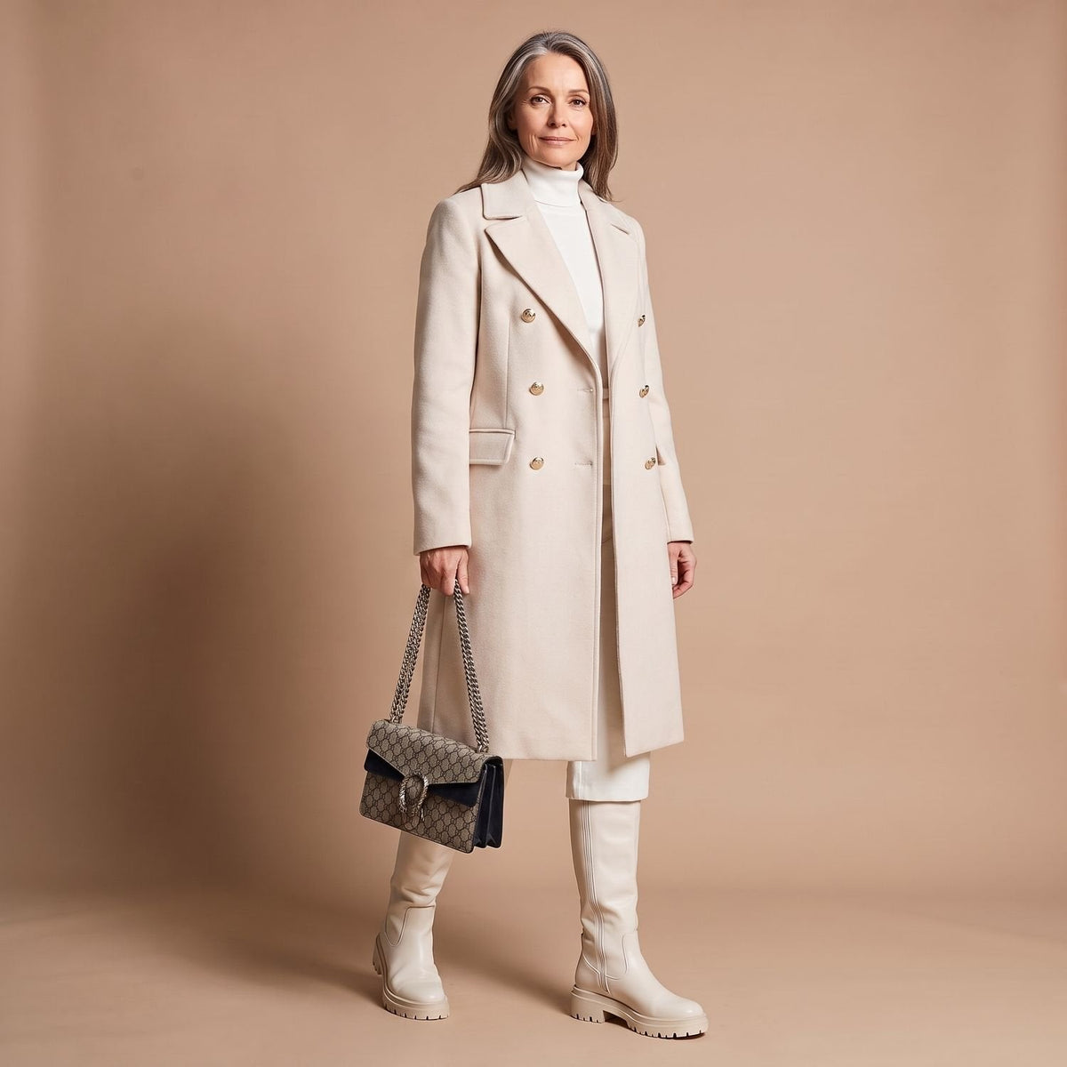 Ladies Elegant Double-Breasted Coat with Notched Collar and Pockets
