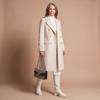 Ladies Elegant Double-Breasted Coat with Notched Collar and Pockets