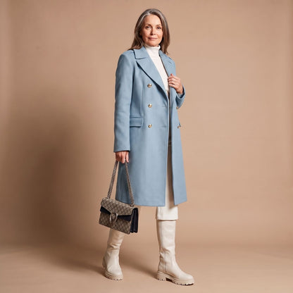 Ladies Elegant Double-Breasted Coat with Notched Collar and Pockets
