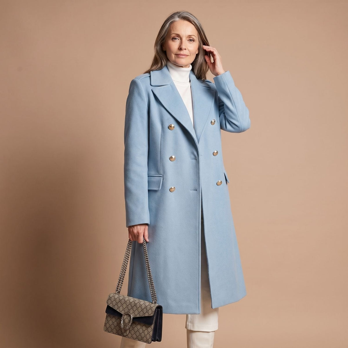 Ladies Elegant Double-Breasted Coat with Notched Collar and Pockets