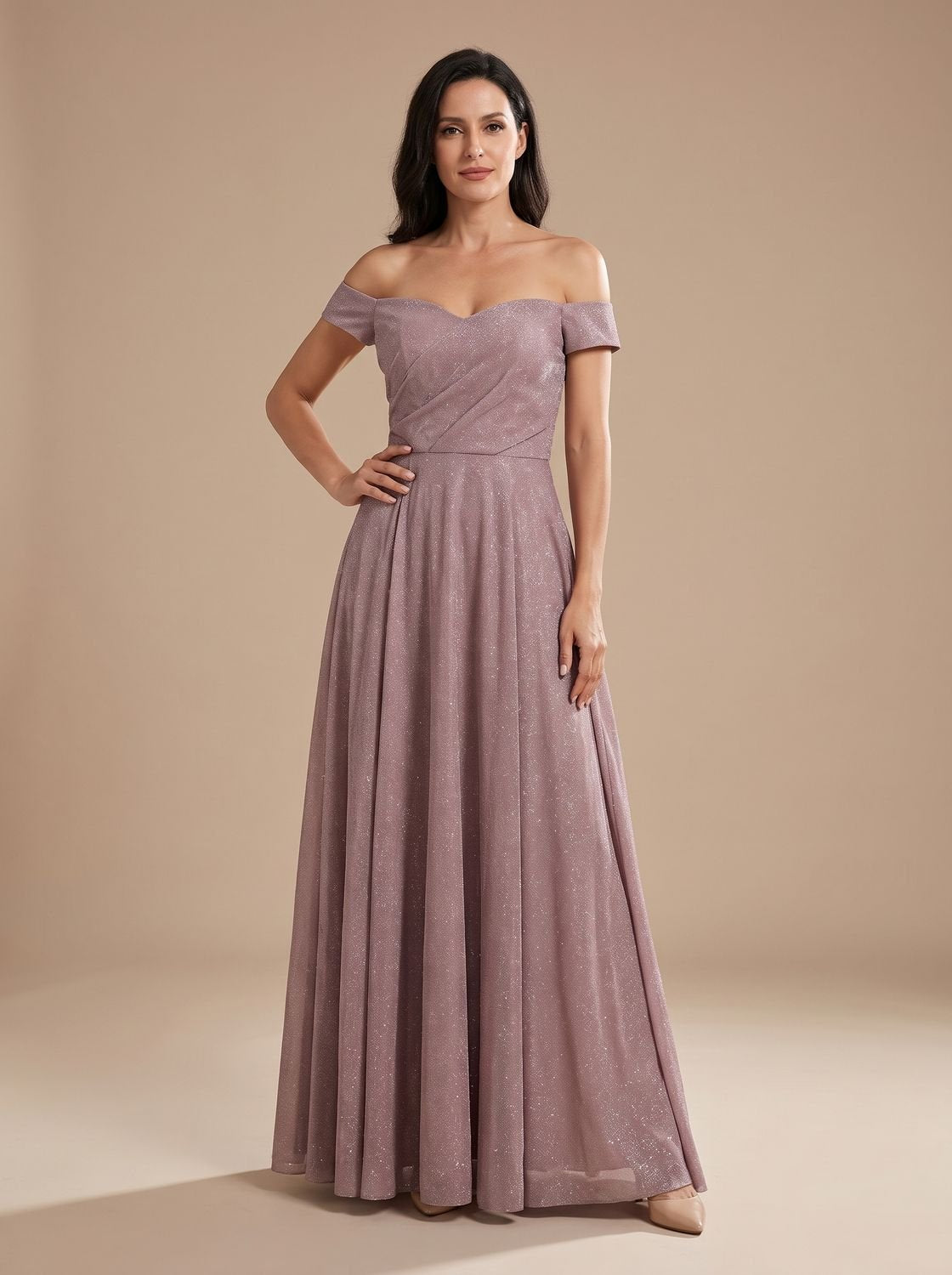 Ladies' Sparkling Glitter Evening Dress with Off-Shoulder and A-Line