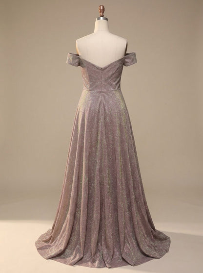 Ladies' Sparkling Glitter Evening Dress with Off-Shoulder and A-Line