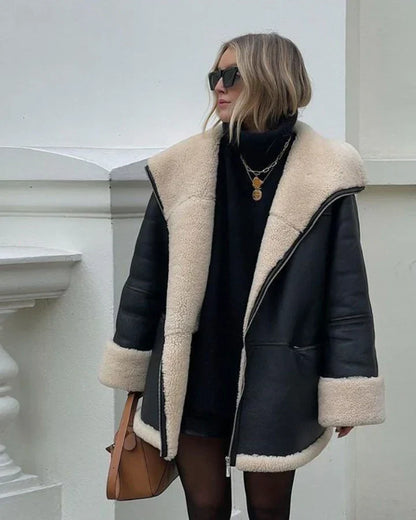 Abrigo de invierno negro de cuero, corte extragrande y forro de borreguito para mujer