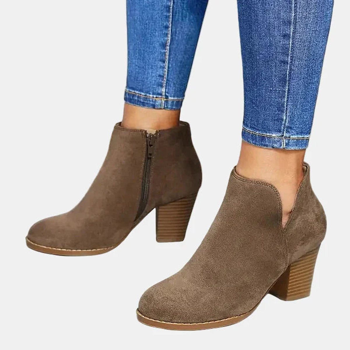 Ladies' Suede Ankle Boots with Block Heel and Side Zip
