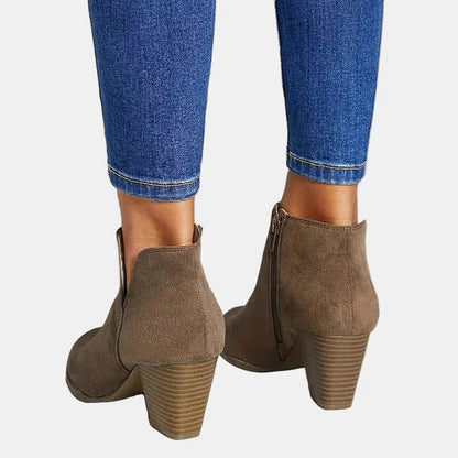 Ladies' Suede Ankle Boots with Block Heel and Side Zip