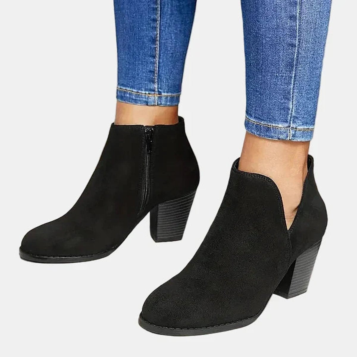 Ladies' Suede Ankle Boots with Block Heel and Side Zip