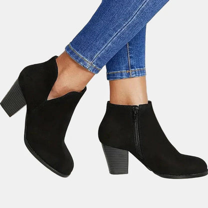 Ladies' Suede Ankle Boots with Block Heel and Side Zip