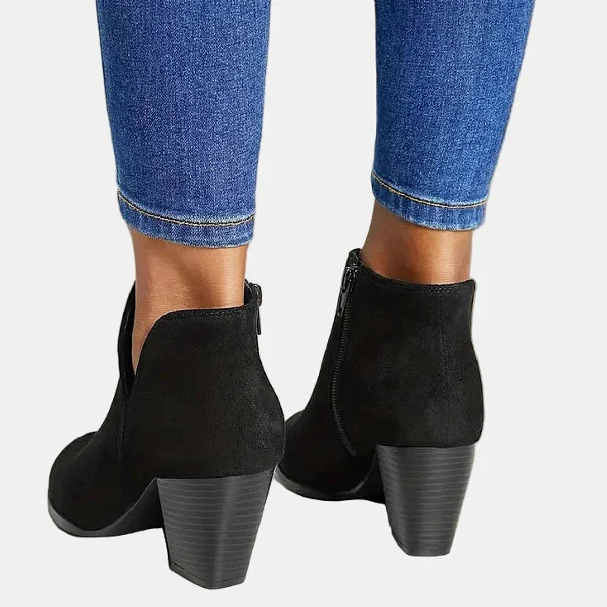 Ladies' Suede Ankle Boots with Block Heel and Side Zip