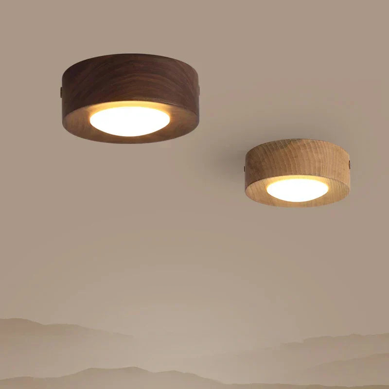 Lampada da soffitto in legno con LED, effetto noce e design rotondo minimalista