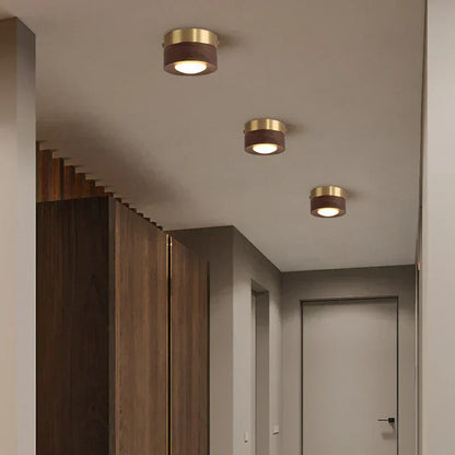 Lampada da soffitto in legno con LED, effetto noce e design rotondo minimalista