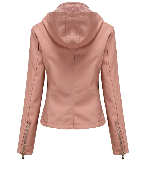 Leather Ladies Jacket with Removable Hood and Zipper